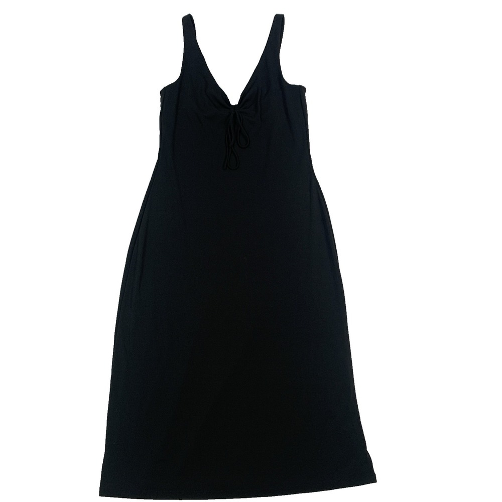 VTG Banana Republic Black Deep V-Neck Sleeveless Midi Dress Sz XS Tie Front Y2K